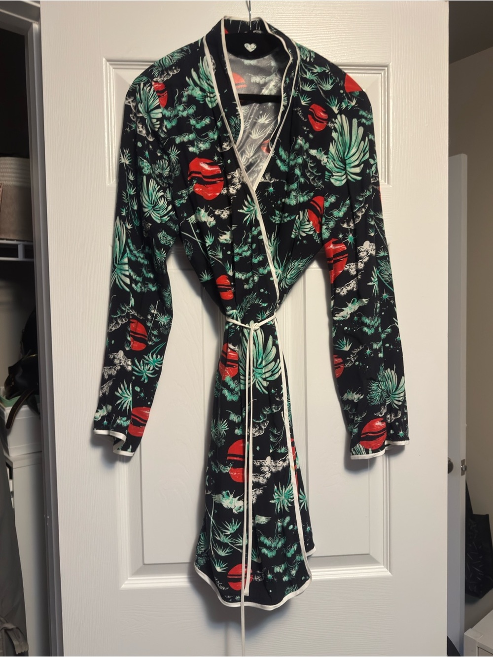 RIXO Black Wrap Dress with Red & Mint Green Botanical Print